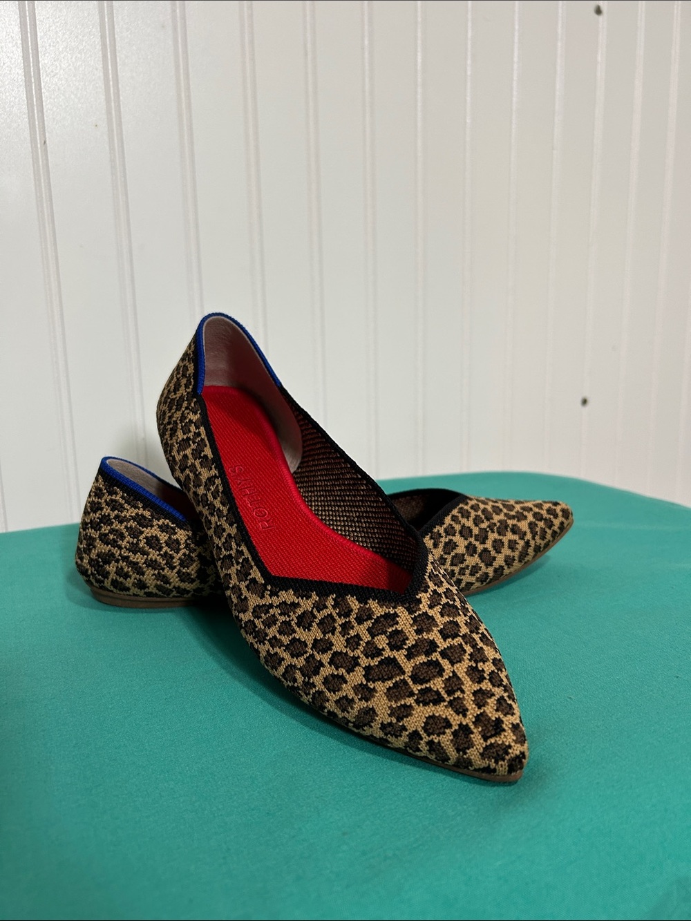 Rothy's Leopard Print Pointed Toe Flats with Red Insole Sz: 7.5